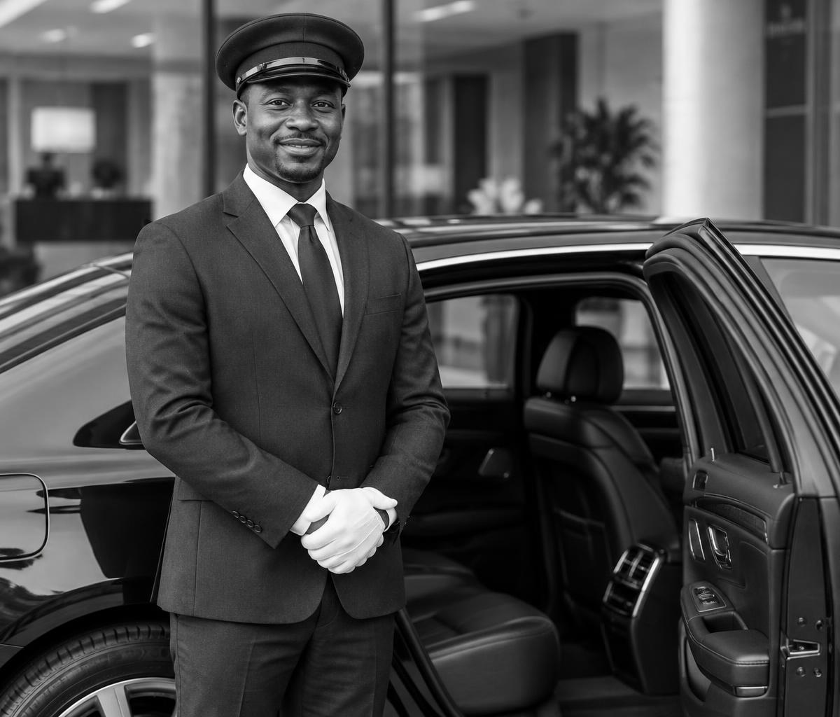 Professional chauffeur opening a luxury car door